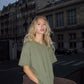 Line är 174 cm lång och bär storlek M. | olivgrön